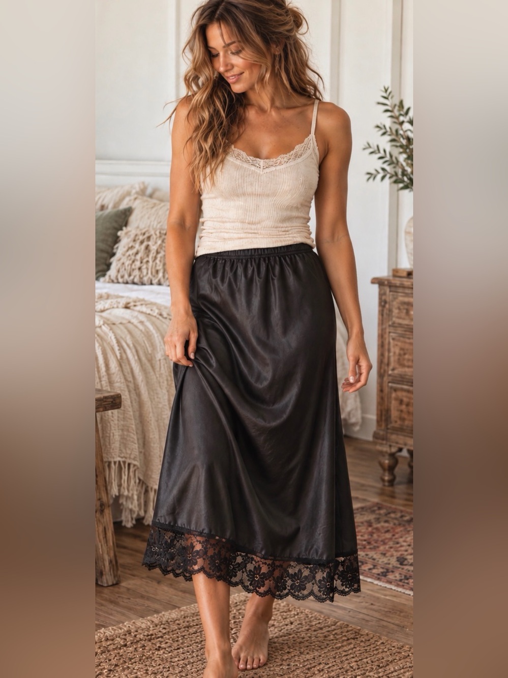 Vintage Lorraine Black Nylon Skirt Half Slip Lace Trim